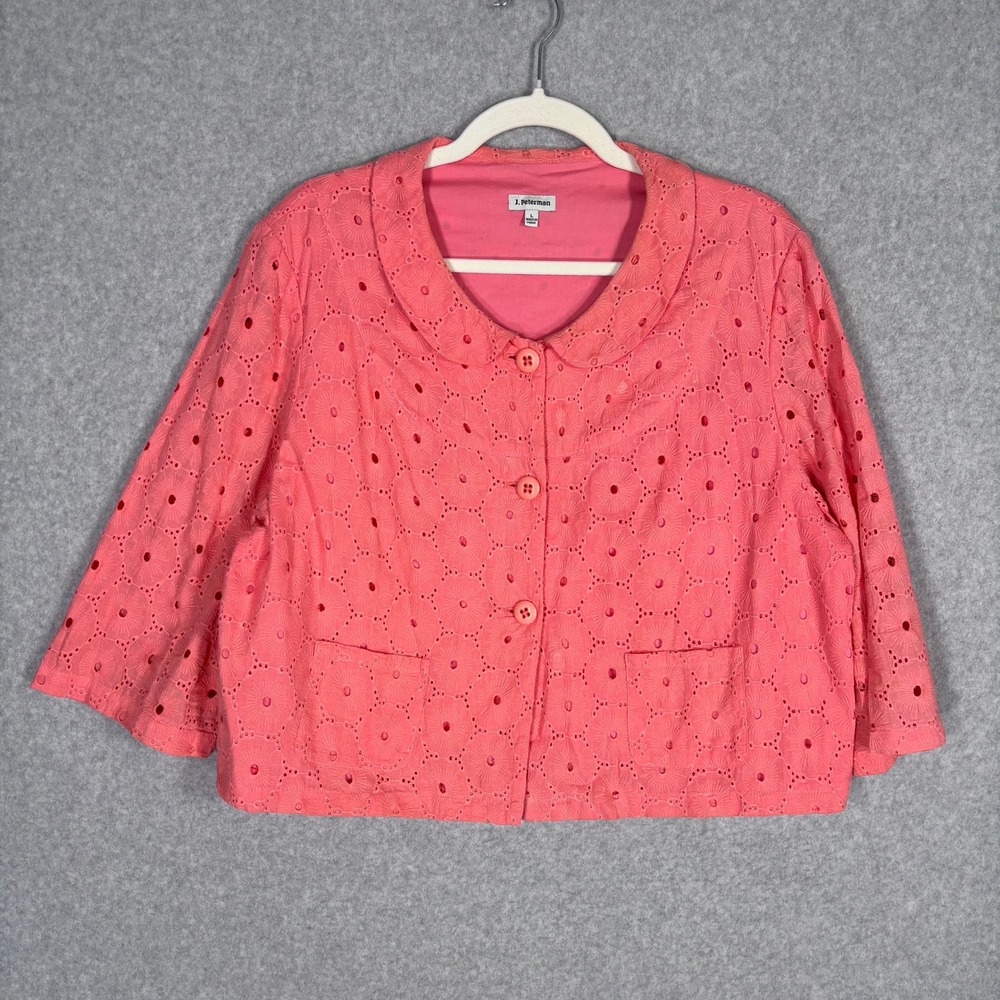 J Peterman Eyelet Blazer Blouse L Coral Pink Cropped Peter Pan Collar Cotton